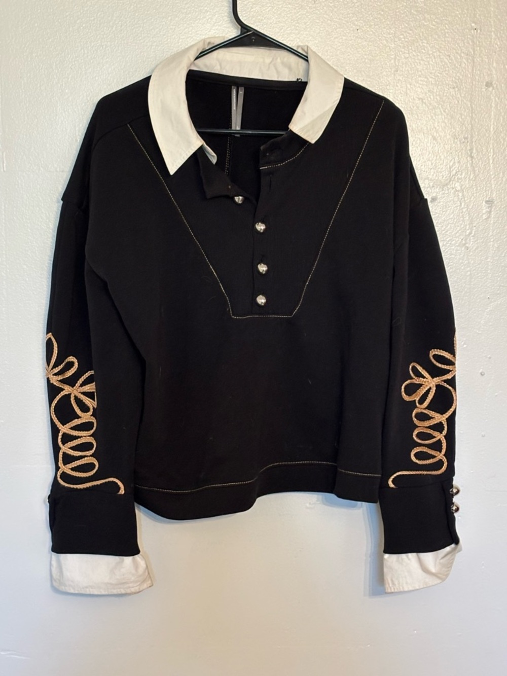 Anthropologie Black Pullover with White Contrast Collar and Tan Embroidery